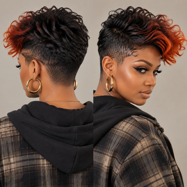 Bequeen Black Color Highlight Orange Frontal Lace Pretty Pixie Wig