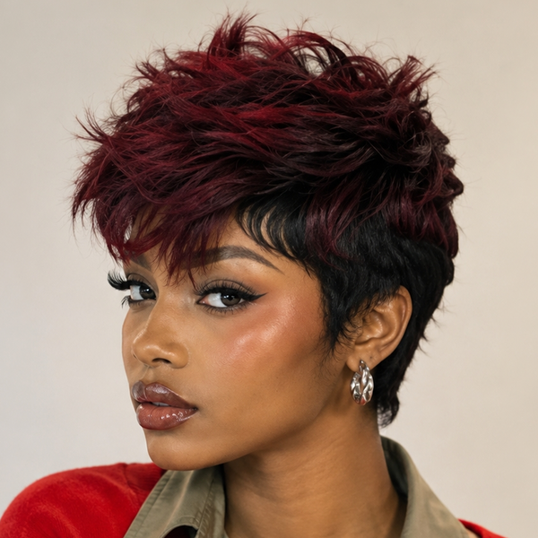 Bequeen Black Color Highlight Red Pretty Pixie Wig