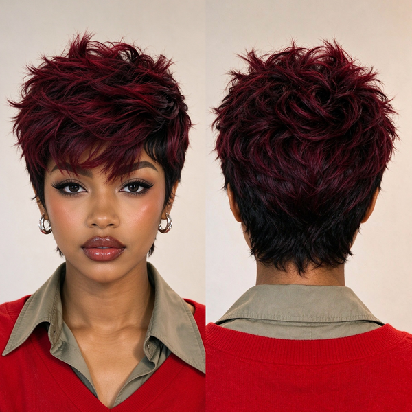 Bequeen Black Color Highlight Red Pretty Pixie Wig
