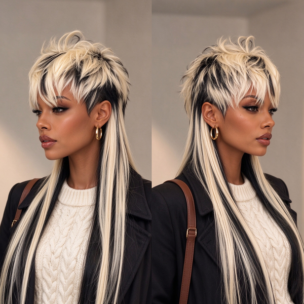 Bequeen Black With White 22 Inches Long Mullet Bang Glueless Wig