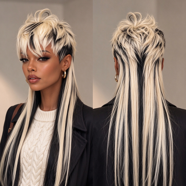 Bequeen Black With White 22 Inches Long Mullet Bang Glueless Wig