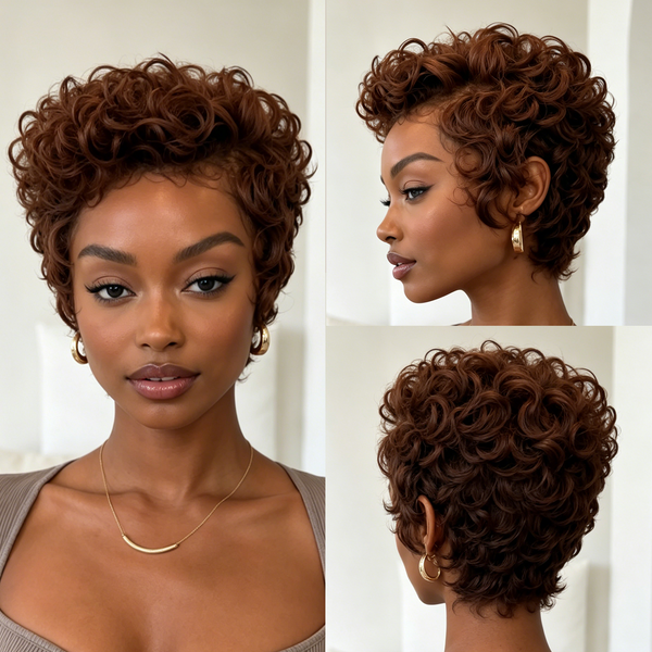 Bequeen Brown Color Sexy Curly Pixie Cut Full Lace Wig