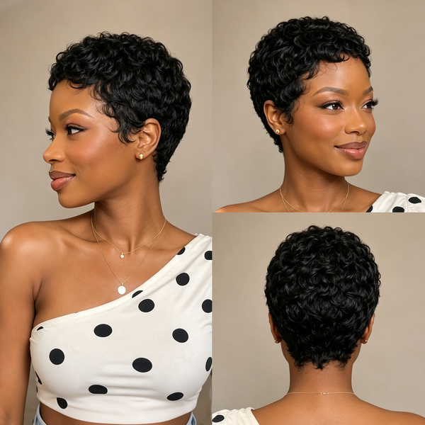 Bequeen Curly Natrual Black Pixie Cut Full Lace Wig