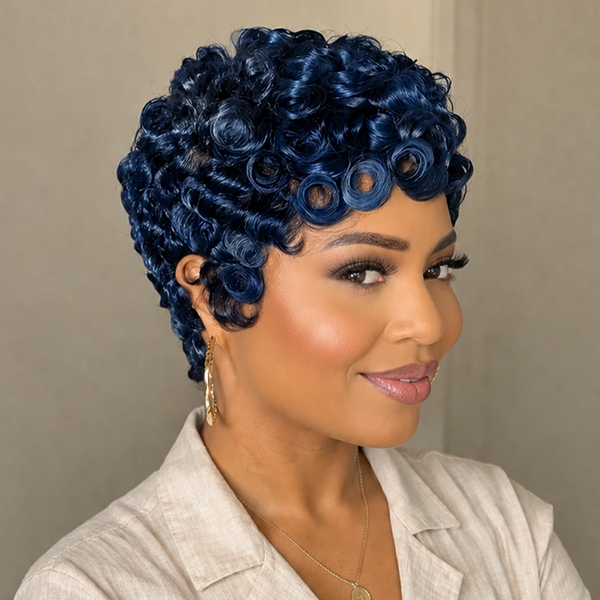 Bequeen Curly dark blue Pixie Cut Full Lace Wig