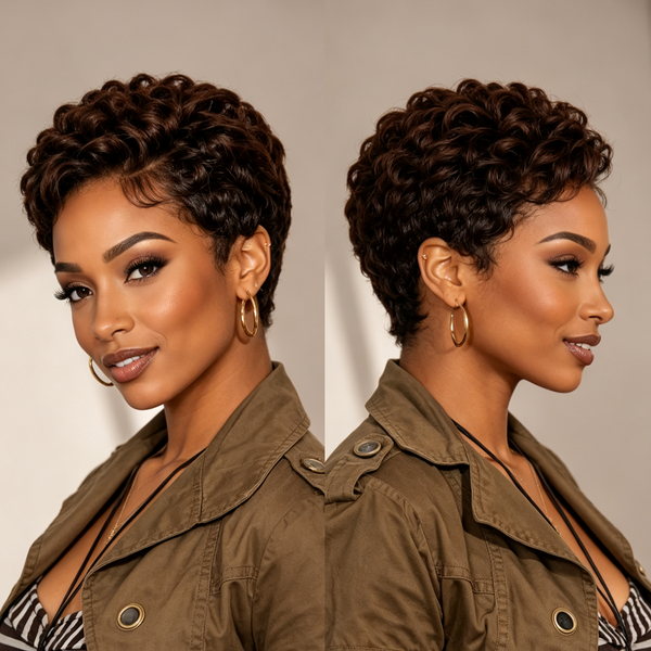 Bequeen Dark Brown Curly Special Style Pixie Cut Frontal Lace Wig
