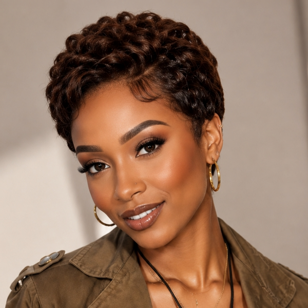 Bequeen Dark Brown Curly Special Style Pixie Cut Frontal Lace Wig