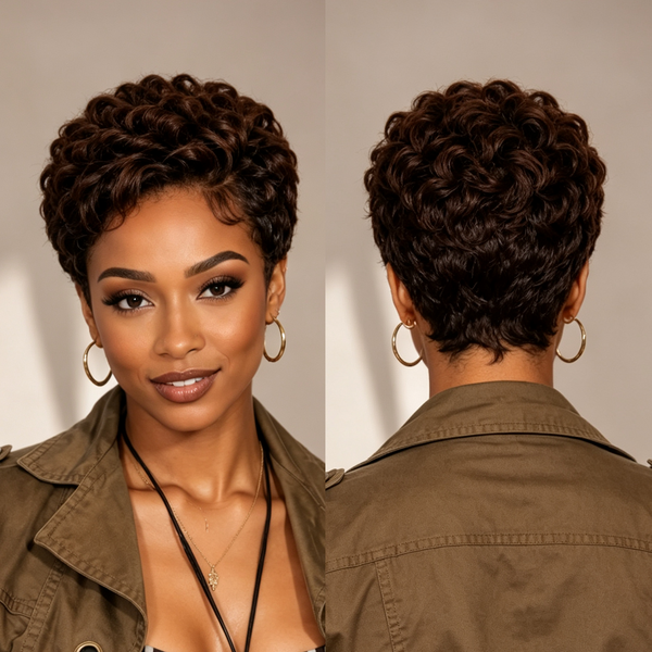 Bequeen Dark Brown Curly Special Style Pixie Cut Frontal Lace Wig