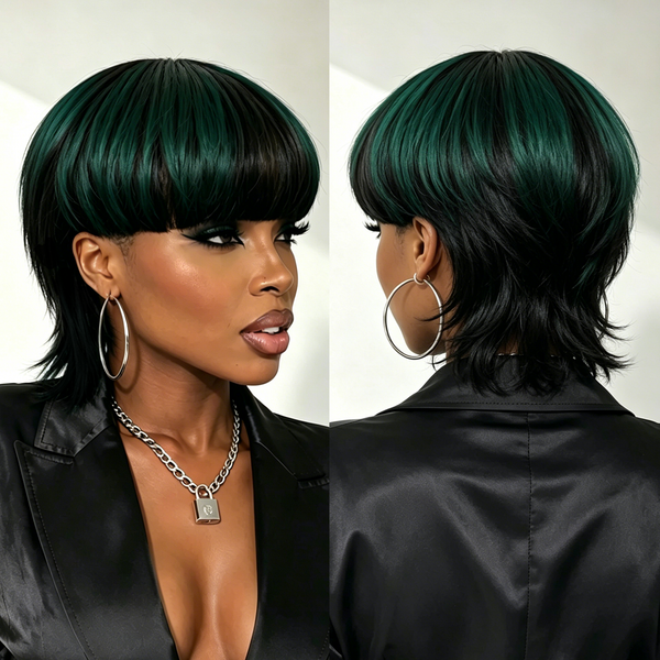 Bequeen Fashion Black And Green Mullet Wig