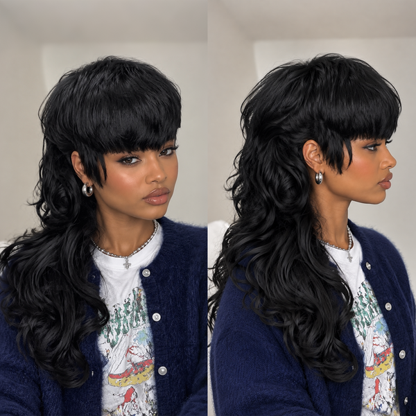 Bequeen Fluffy Black Fashion Bangs Long Mullet Wig