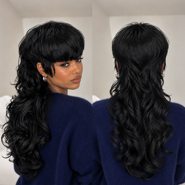 Bequeen Fluffy Black Fashion Bangs Long Mullet Wig