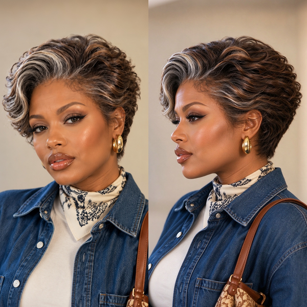 Bequeen Frontal Lace Brown With Highlight Grey Pixie Short Cut Wig
