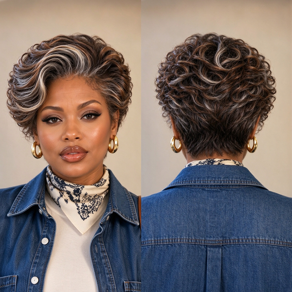 Bequeen Frontal Lace Brown With Highlight Grey Pixie Short Cut Wig