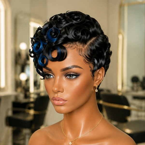 Bequeen Highlight Blue Side Part Water Wave Frontal Lace Wig