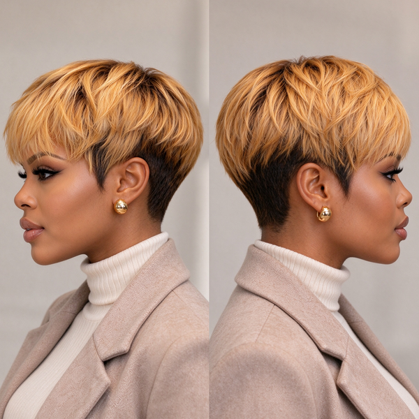 Bequeen Highlight Honey Blonde Machine Made Pixie Wig