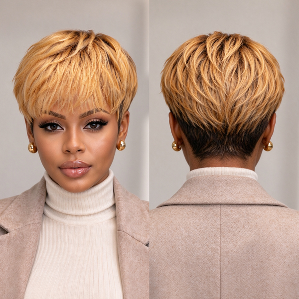 Bequeen Highlight Honey Blonde Machine Made Pixie Wig