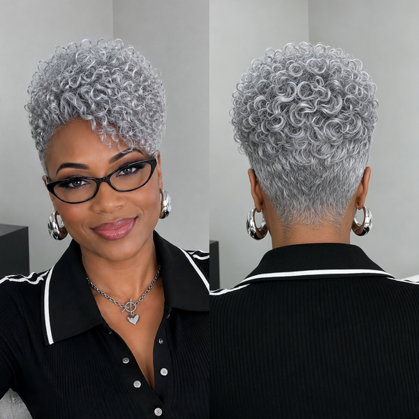 Bequeen More Salt Than Pepper Grey Kinky Curly Style 100% Human Hair Wig