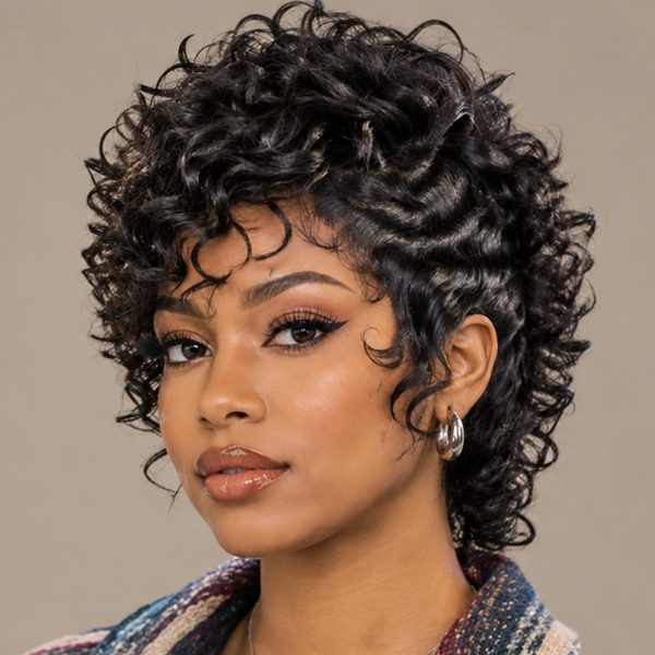 Bequeen Pixie Cut 100% Human Hair Curly Full Lace Wig