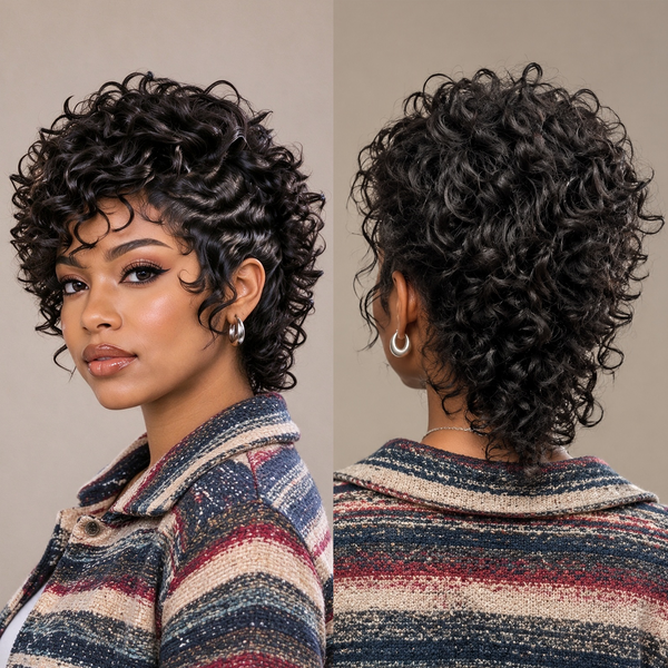 Bequeen Pixie Cut 100% Human Hair Curly Full Lace Wig