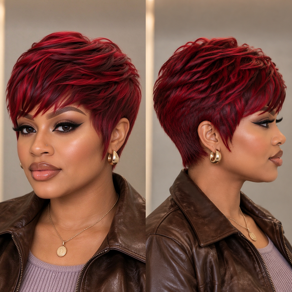 Bequeen Red Highlight Black Machine Made Short Cut Pixie Wig