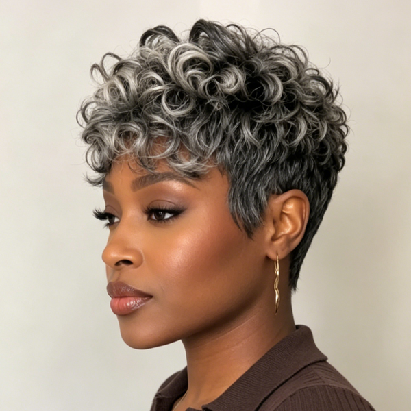 Bequeen Salt And Pepper 100% Human Hair Curly Wig