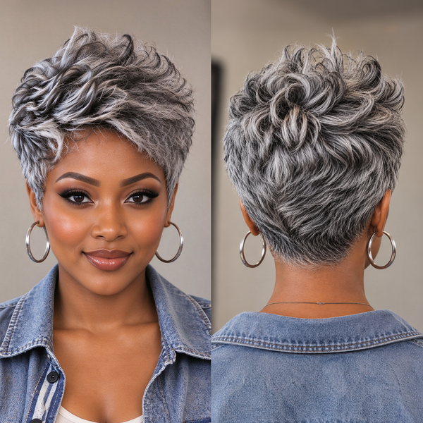 Bequeen Salt And Pepper Short Machine Made Pixie Wig
