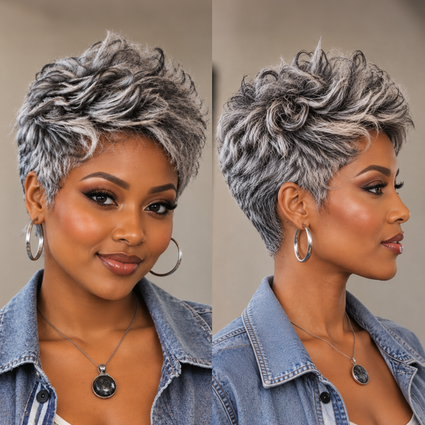 Bequeen Salt And Pepper Short Machine Made Pixie Wig