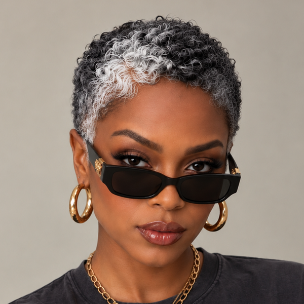 Bequeen Salt & Pepper Highlight White Afro Pixie Lace Wig