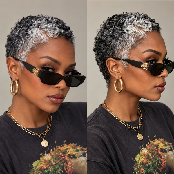 Bequeen Salt & Pepper Highlight White Afro Pixie Lace Wig