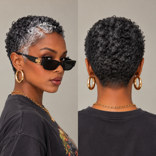 Bequeen Salt & Pepper Highlight White Afro Pixie Lace Wig