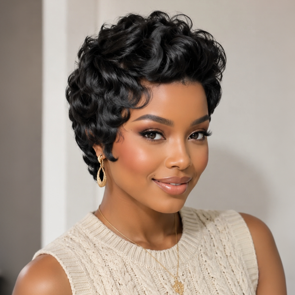Bequeen Short Pixie Cut 100% Human Hair Curly Full Lace Wig