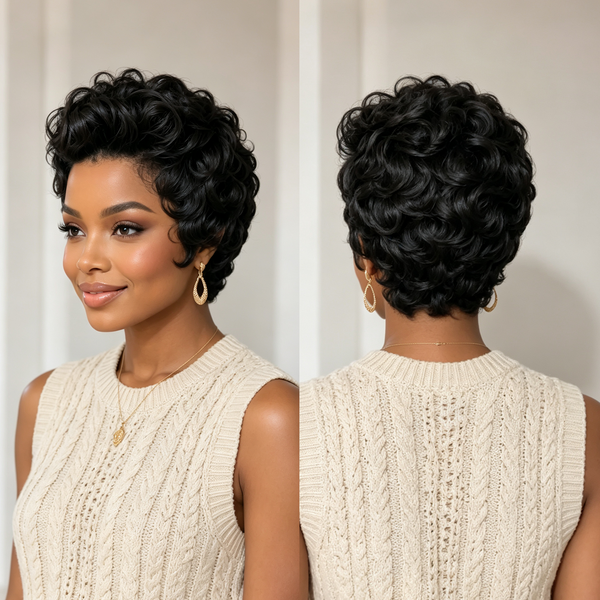 Bequeen Short Pixie Cut 100% Human Hair Curly Full Lace Wig