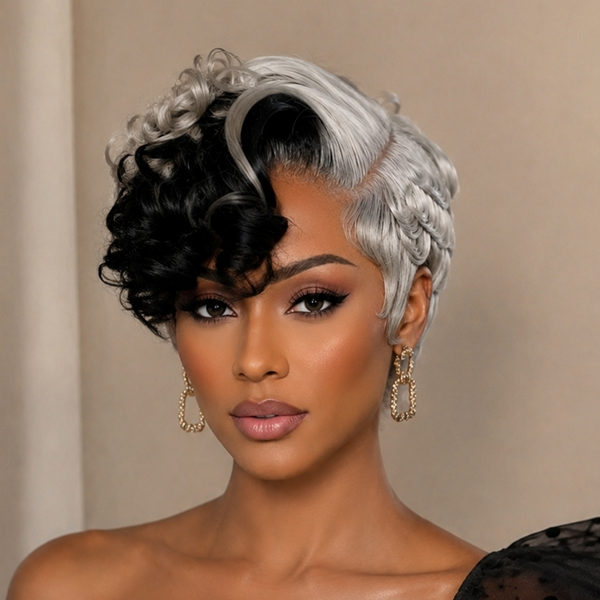 Bequeen Silver Mixed Frontal Black Wave Pixie Lace Wig