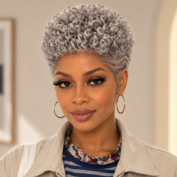 Bequeen Sliver Gray TWA Kinky Afro Shortcut Full Lace Wig