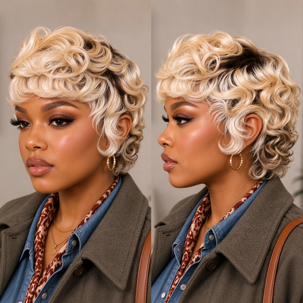 Bequeen Two Color Highlight Blonde Side Part Pixie Short Cut Wig
