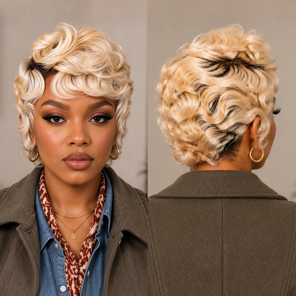 Bequeen Two Color Highlight Blonde Side Part Pixie Short Cut Wig