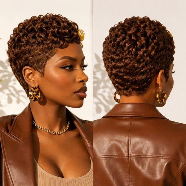 Bequeen 100% Human Hair Brown Highlight  Golden Finger Wave Pixie Short Cut Wig