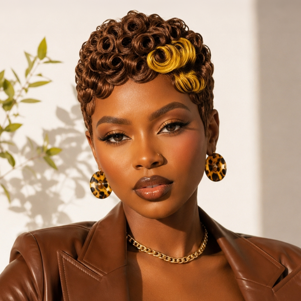 Bequeen 100% Human Hair Brown Highlight  Golden Finger Wave Pixie Short Cut Wig