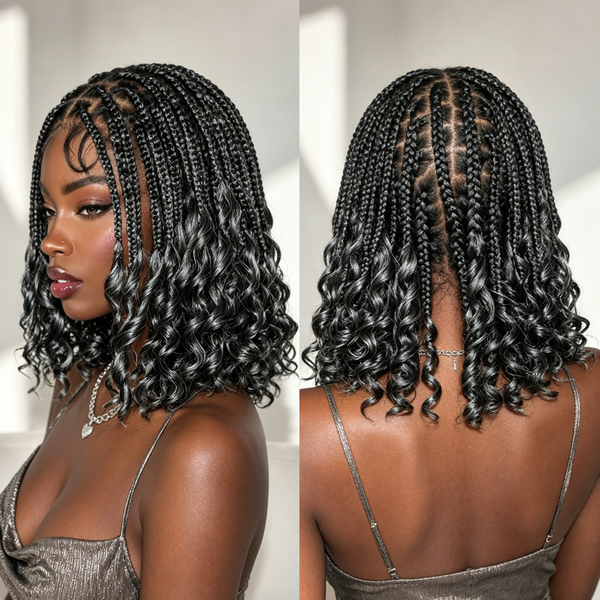 Bequeen 100% Human Hair Mixed Black with Grey Braided Bob Wig