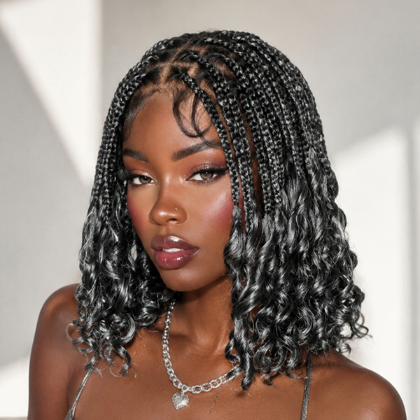 Bequeen 100% Human Hair Mixed Black with Grey Braided Bob Wig