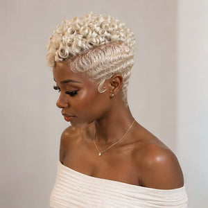 BeQueen Wig PIXIE WIGS Bequeen Full Lace Silver Blonde Finger Wave Pixie Short Cut Wig