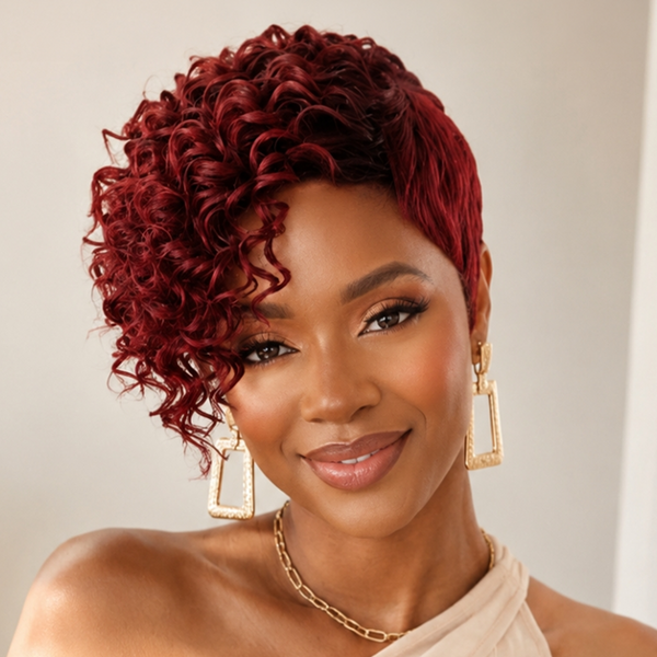 Bequeen 13×4 Frontal Lace Burgundy Wine Color Curly Wave Side Part Style Pixie Wig