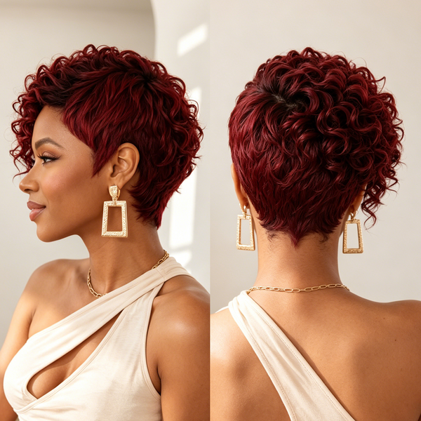 Bequeen 13×4 Frontal Lace Burgundy Wine Color Curly Wave Side Part Style Pixie Wig