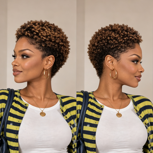 Bequeen 1B Mixed #27 Afro Low Cut  Kinky Curly Wave 13×4 Lace Glueless Pixie Full Cap Wig