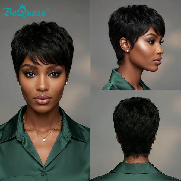 Bequeen 1B Natural Wave Short Cut Pixie Wig For Black Woman