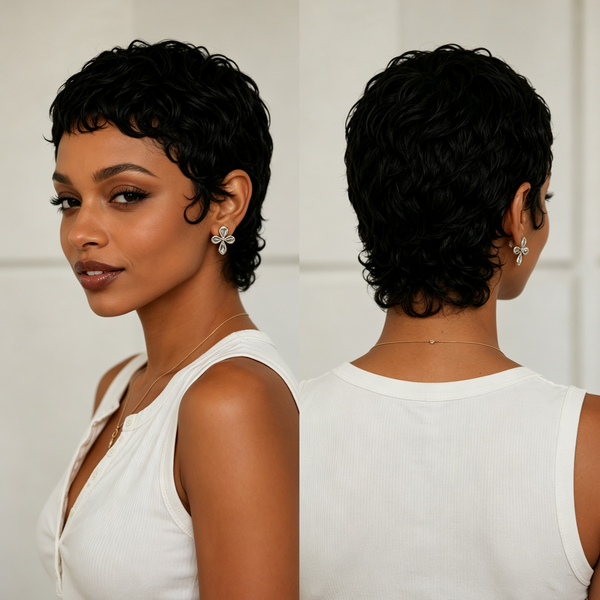 Bequeen 1B Natural Wet Style Special Pixie Cut Wig 100% Human Hair