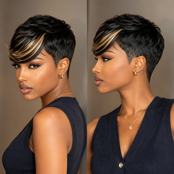 Bequeen 3s Install Side Part  Highlight Blonde Straight Style No Lace Glueless Pixie Full Cap Wig