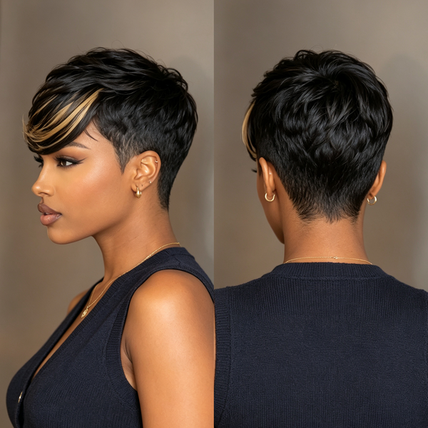 Bequeen 3s Install Side Part  Highlight Blonde Straight Style No Lace Glueless Pixie Full Cap Wig
