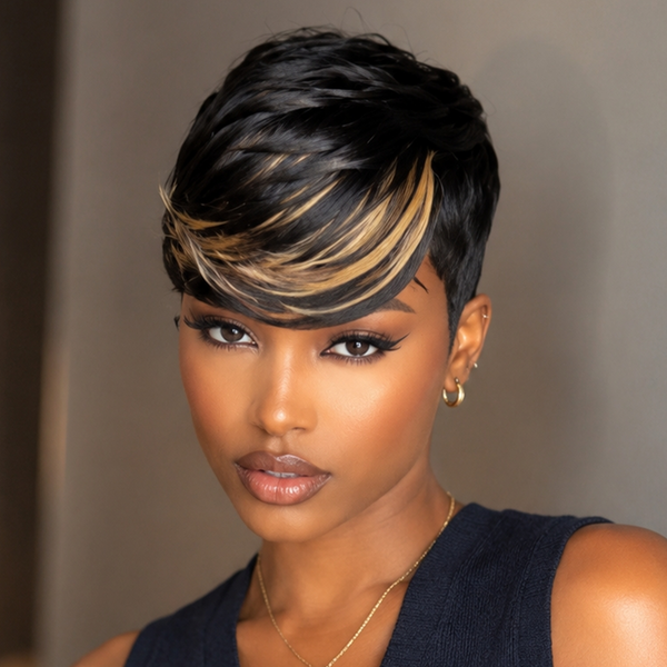 Bequeen 3s Install Side Part  Highlight Blonde Straight Style No Lace Glueless Pixie Full Cap Wig