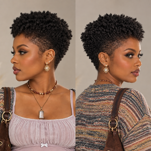 Bequeen Afro Low Cut  Kinky Curly Wave 13×4 Lace Glueless Pixie Full Cap Wig