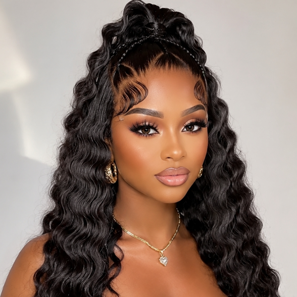 Bequeen Black Color Braid Ponytail Water Wave Style Long Wig 100% Human Hair